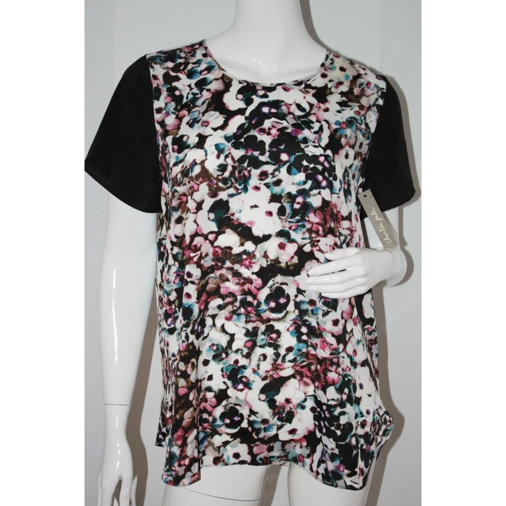 CHARLIE JADE Top BLACK Multi Print TOP Blouse SHIRT Back Zip M